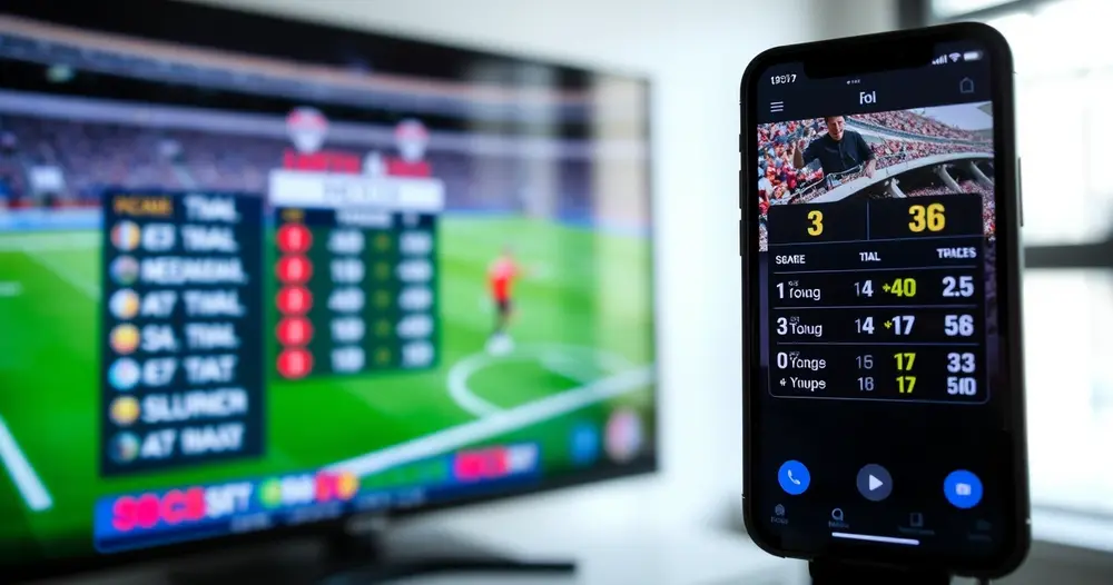 celular exibindo placar de futebol ao lado da televisão