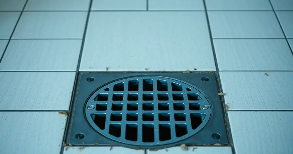 Ralo de piso com grelha metálica fechada em área de serviço de residência