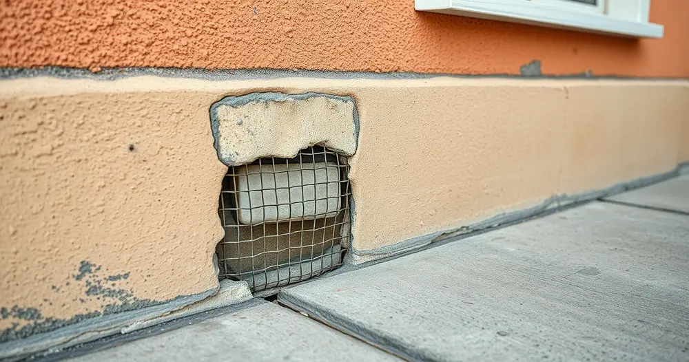Base de parede externa de residência com fresta sendo vedada com massa e tela metálica