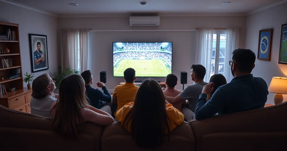 torcedores reunidos na sala assistindo a partida da seleção brasileira