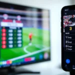 celular exibindo placar de futebol ao lado da televisão